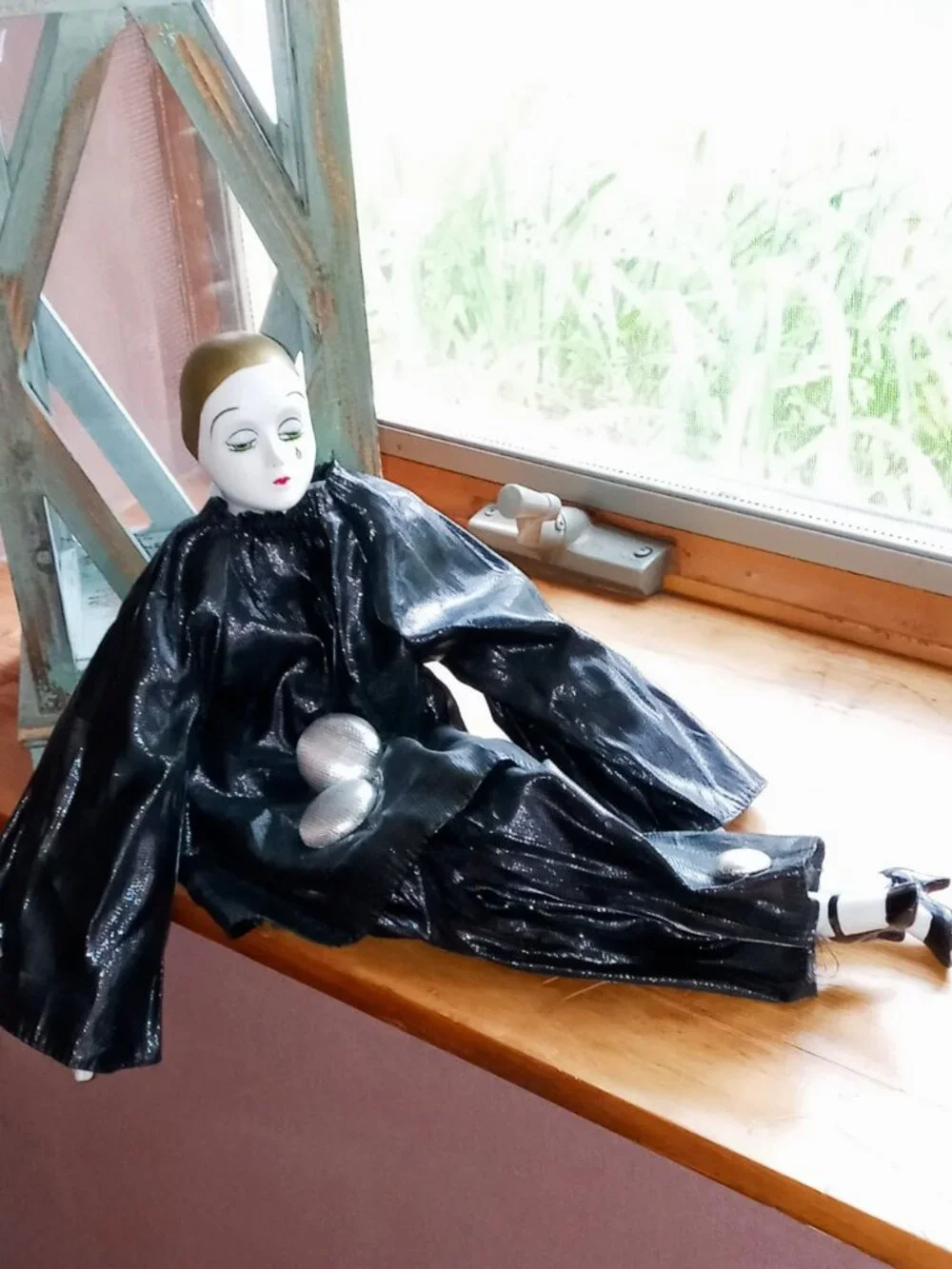 Stunning Vintage Pierrot Porcelain Clown Doll Black Silver Costume Teardrop Face